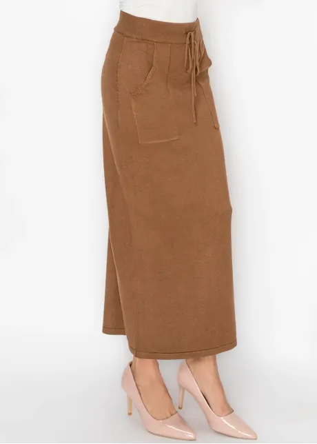 Long Knit Skirt in Camel with Patch Pockets