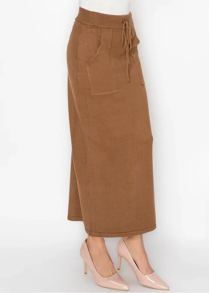 Long Knit Skirt in Camel with Patch Pockets