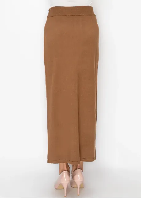 Long Knit Skirt in Camel with Patch Pockets