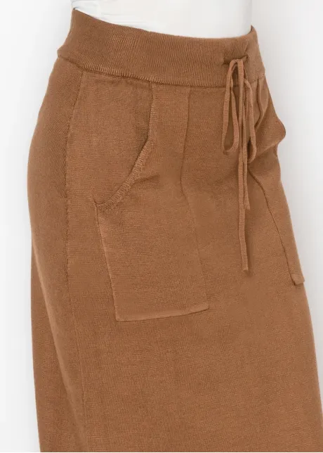 Long Knit Skirt in Camel with Patch Pockets