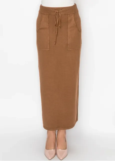 Long Knit Skirt in Camel with Patch Pockets
