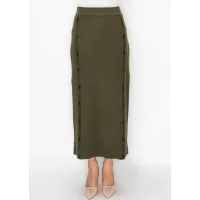 Olive Knit Skirt with Button Trim Panels