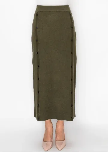 Olive Knit Skirt with Button Trim Panels