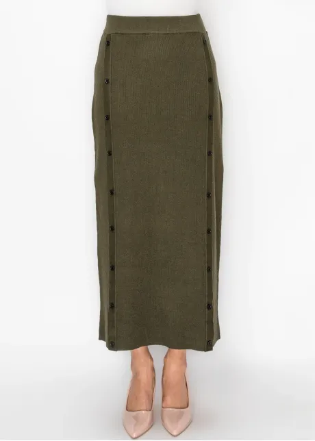 Olive Knit Skirt with Button Trim Panels