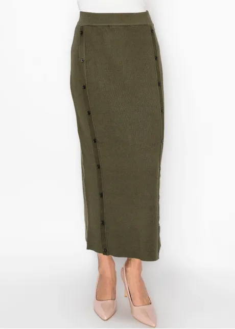 Olive Knit Skirt with Button Trim Panels