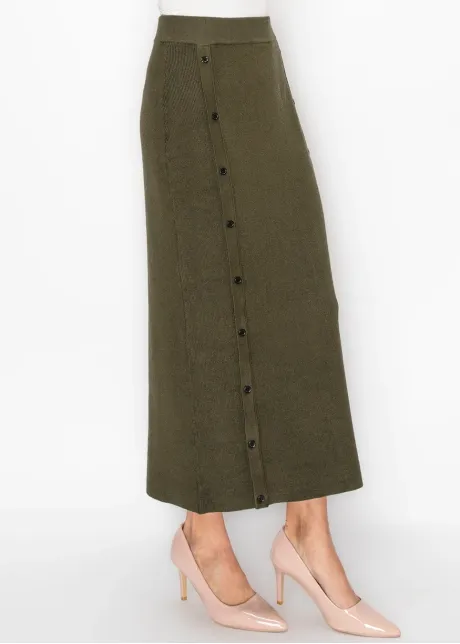 Olive Knit Skirt with Button Trim Panels