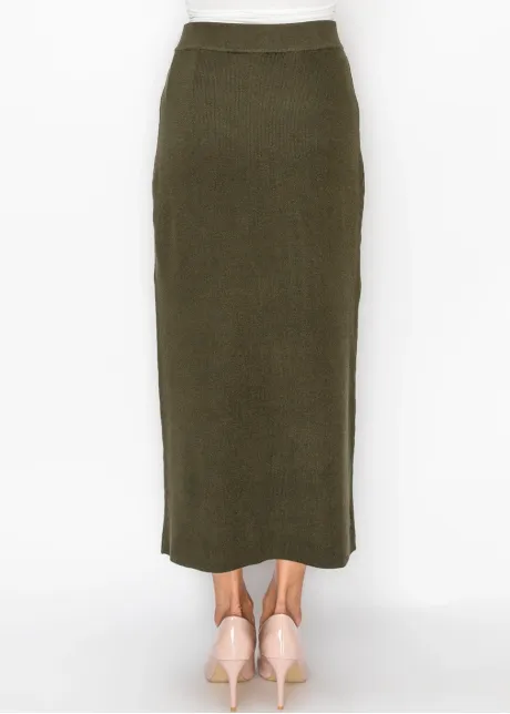 Olive Knit Skirt with Button Trim Panels