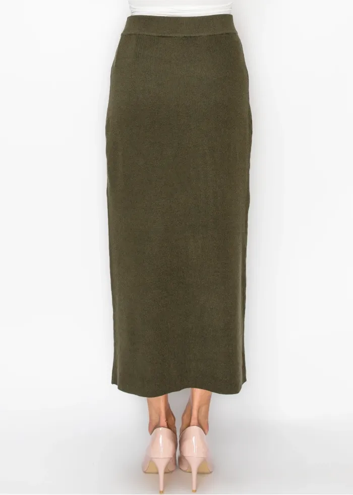 Olive Knit Skirt with Button Trim Panels