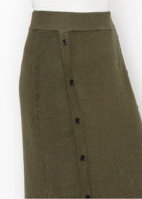 Olive Knit Skirt with Button Trim Panels