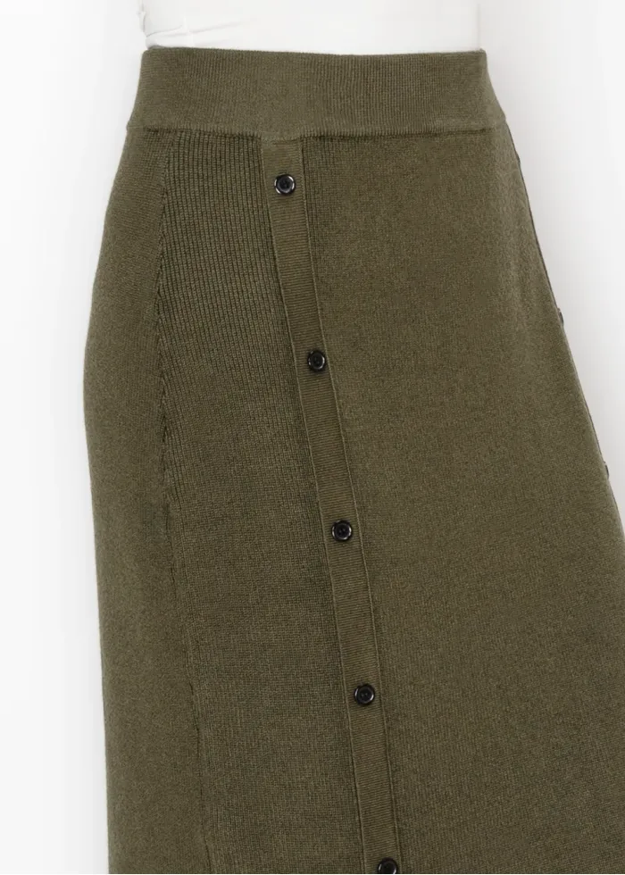 Olive Knit Skirt with Button Trim Panels