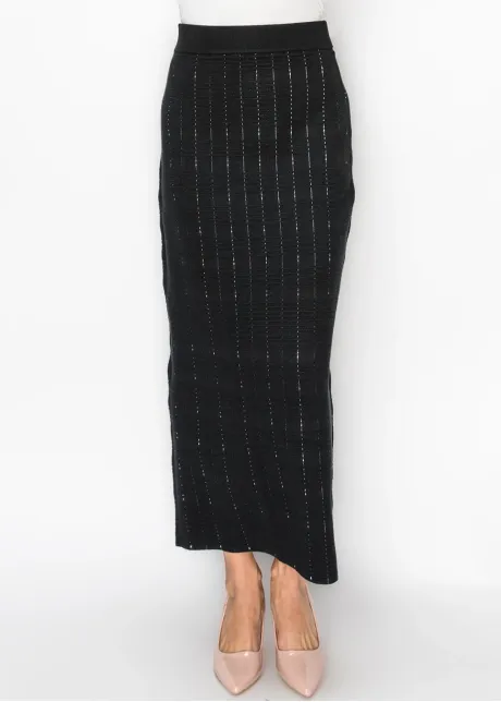 Ribbed Waist Textured Knit Skirt in Black