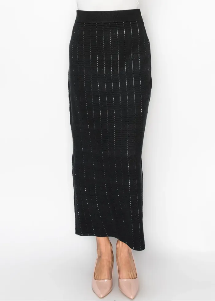 Ribbed Waist Textured Knit Skirt in Black