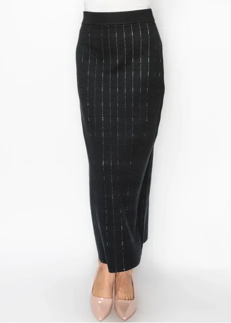 Ribbed Waist Textured Knit Skirt in Black