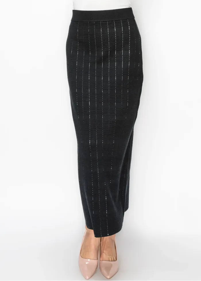 Ribbed Waist Textured Knit Skirt in Black
