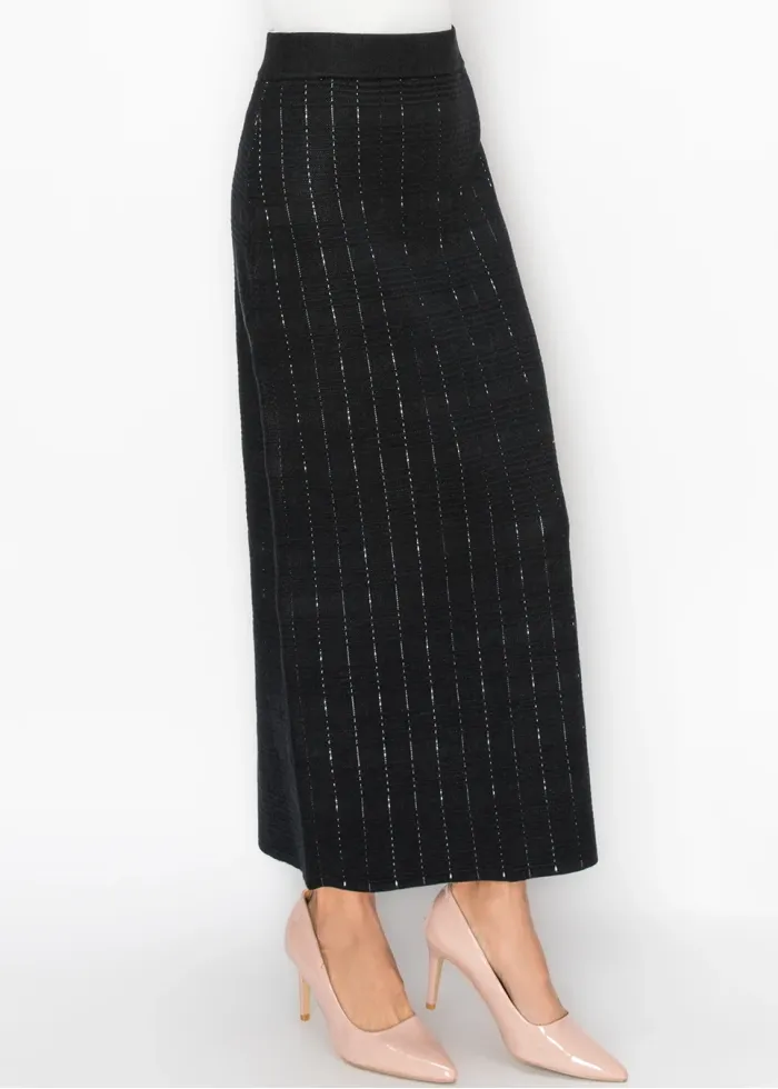 Ribbed Waist Textured Knit Skirt in Black