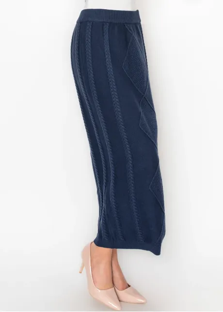 Textured Cable Knit Skirt in Deep Navy