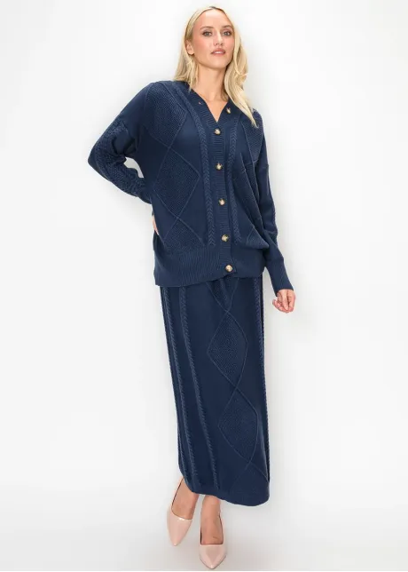 Textured Cable Knit Skirt in Deep Navy