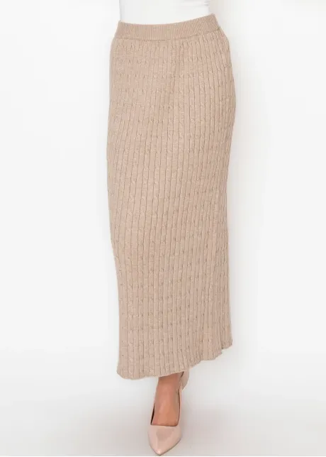 Long Beige Skirt with Ribbed Waistband