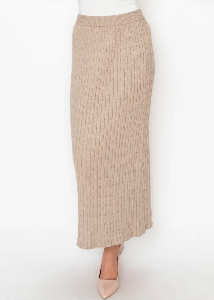 Long Beige Skirt with Ribbed Waistband