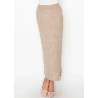 Long Beige Skirt with Ribbed Waistband