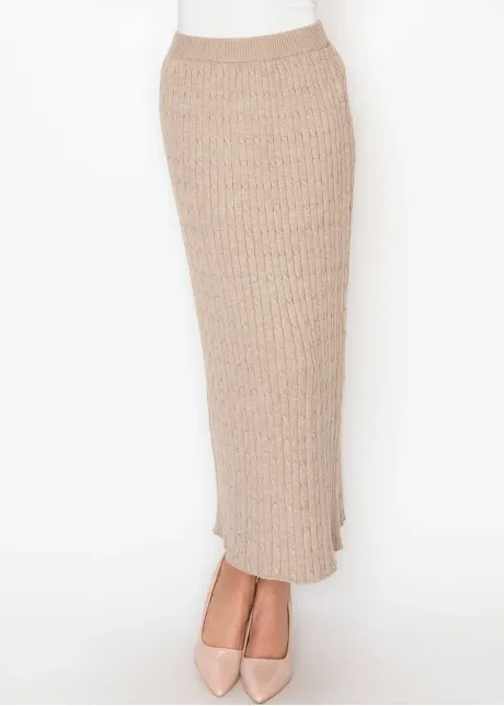 Long Beige Skirt with Ribbed Waistband