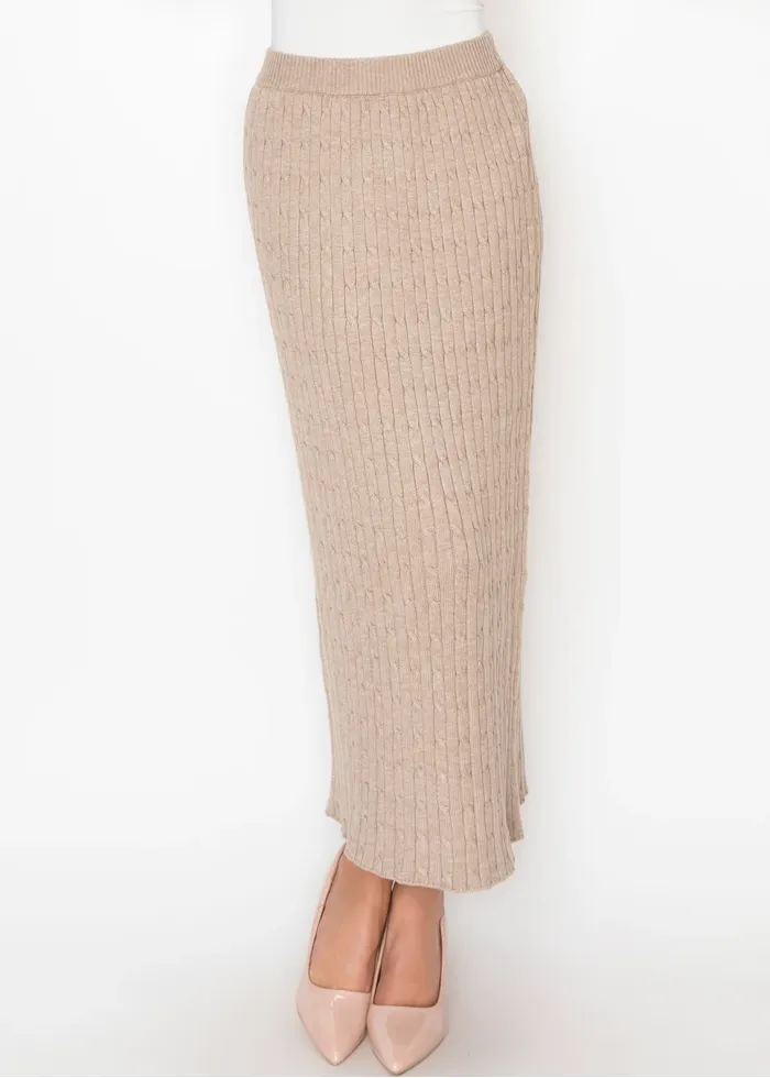 Long Beige Skirt with Ribbed Waistband