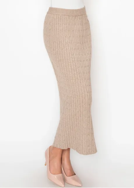 Long Beige Skirt with Ribbed Waistband