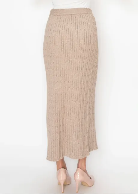 Long Beige Skirt with Ribbed Waistband