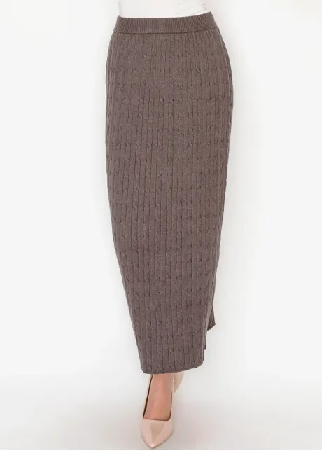 Heather Brown Knit Skirt with Vertical Cable