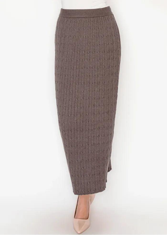 Heather Brown Knit Skirt with Vertical Cable