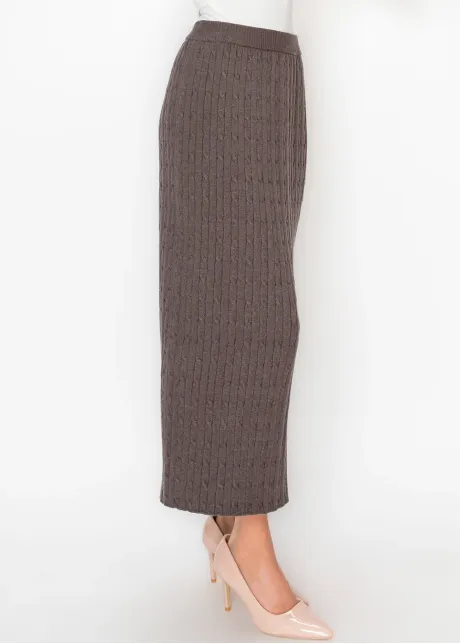 Heather Brown Knit Skirt with Vertical Cable