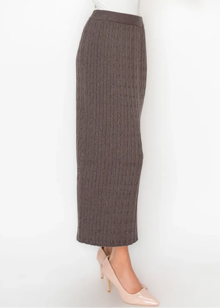 Heather Brown Knit Skirt with Vertical Cable
