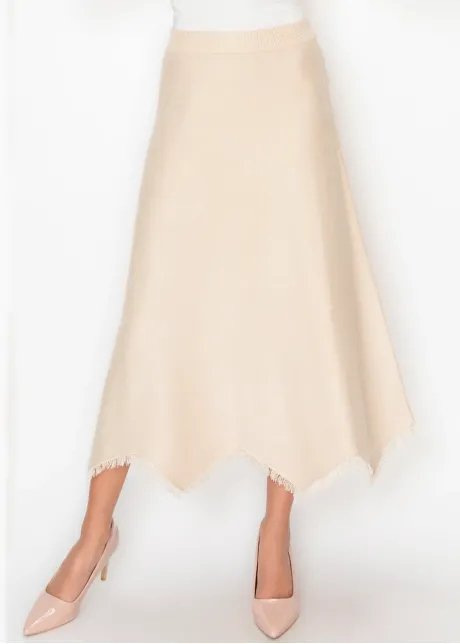 Cream Knit A Line Skirt with Fringe Hem
