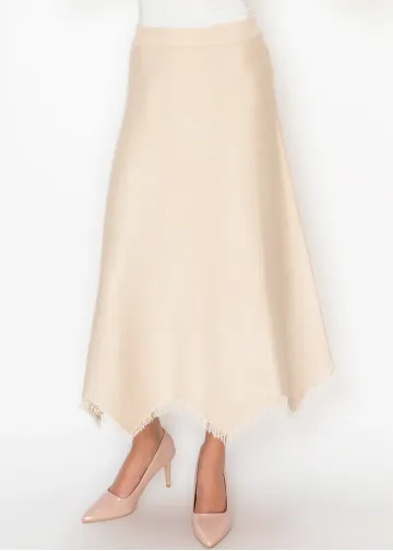 Cream Knit A Line Skirt with Fringe Hem