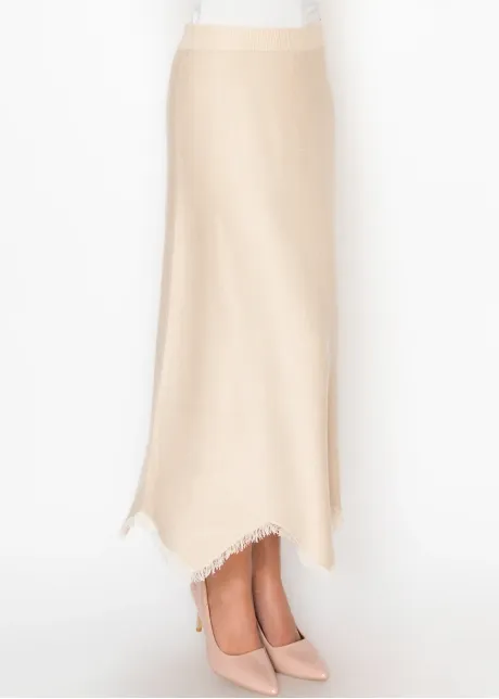 Cream Knit A Line Skirt with Fringe Hem