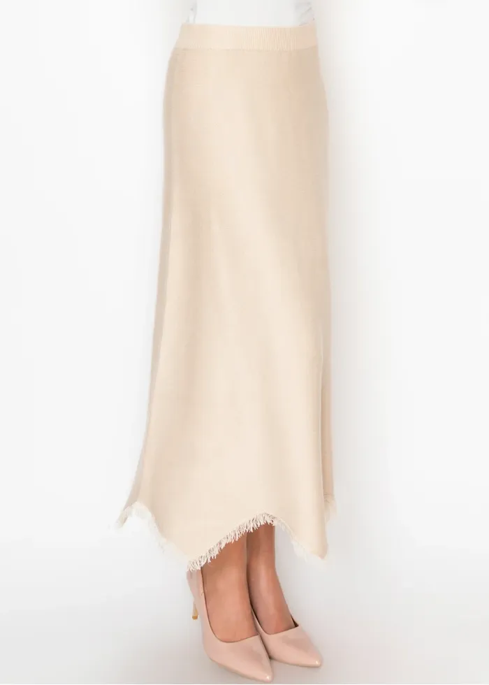 Cream Knit A Line Skirt with Fringe Hem