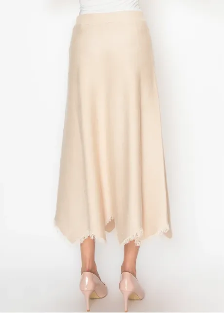 Cream Knit A Line Skirt with Fringe Hem