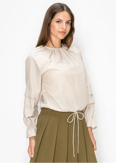 Pleated Sleeve Blouse in Soft Beige