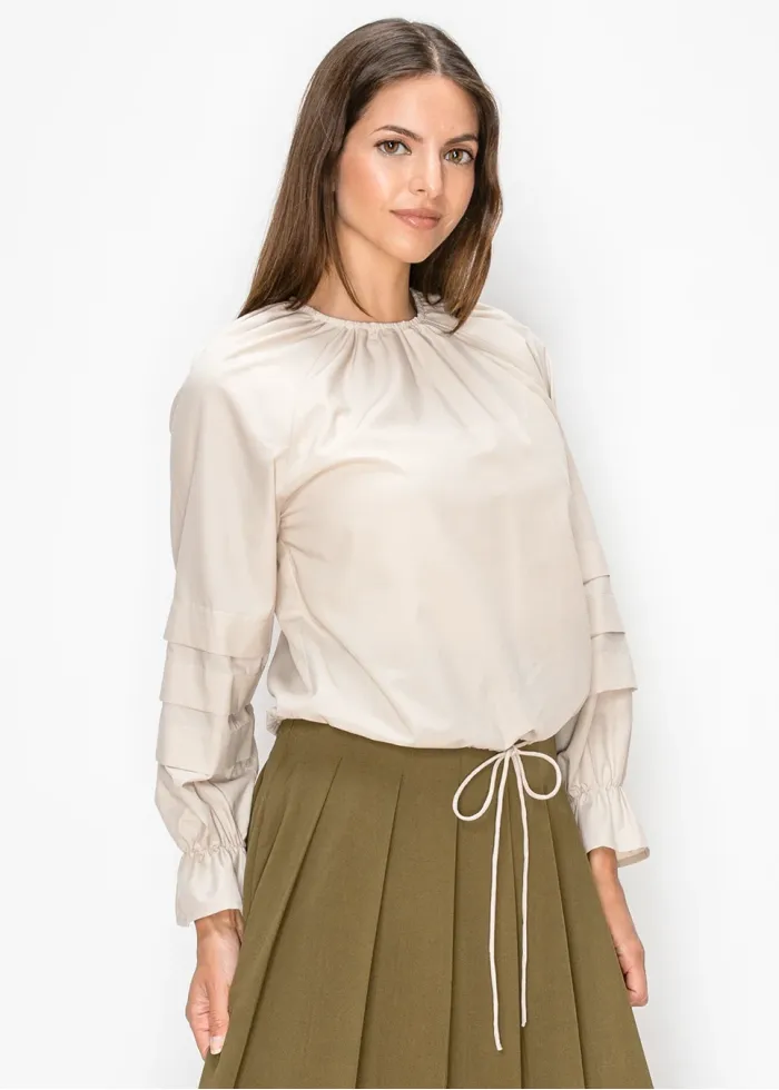 Pleated Sleeve Blouse in Soft Beige