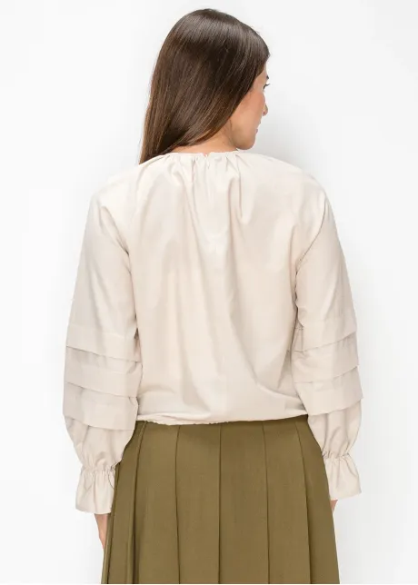 Pleated Sleeve Blouse in Soft Beige