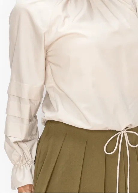 Pleated Sleeve Blouse in Soft Beige