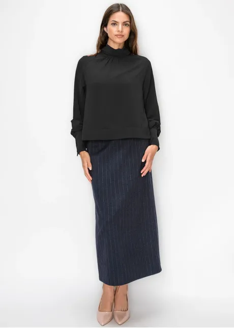 Black Blouson Sleeve Mock Neck Top