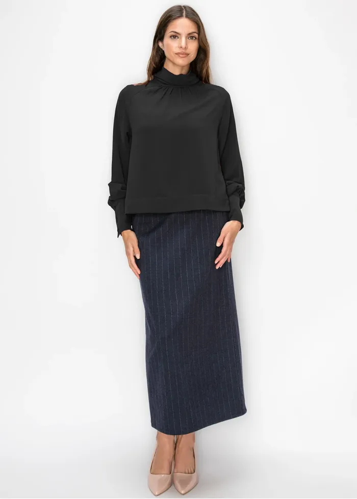 Black Blouson Sleeve Mock Neck Top