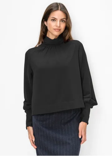 Black Blouson Sleeve Mock Neck Top