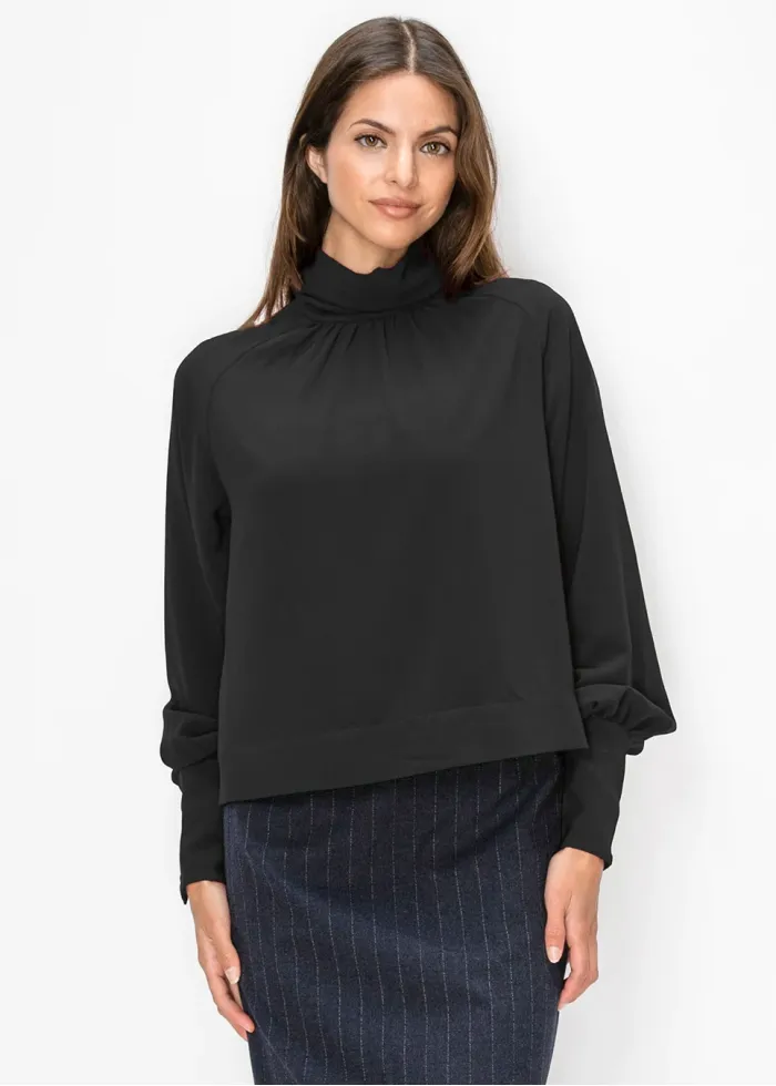 Black Blouson Sleeve Mock Neck Top