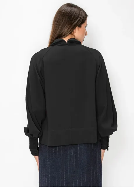Black Blouson Sleeve Mock Neck Top