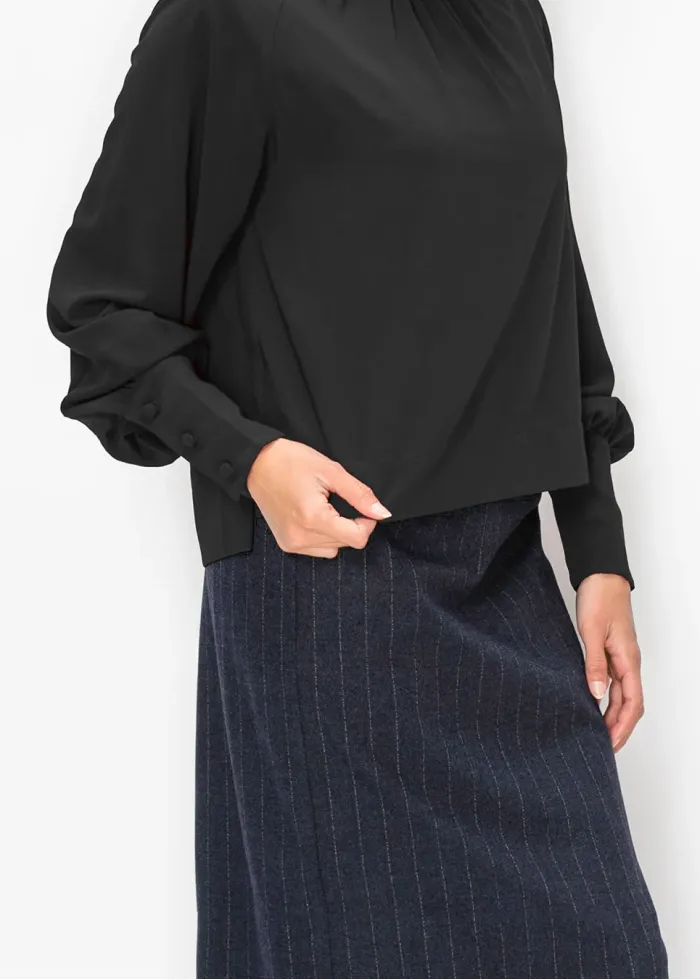 Black Blouson Sleeve Mock Neck Top