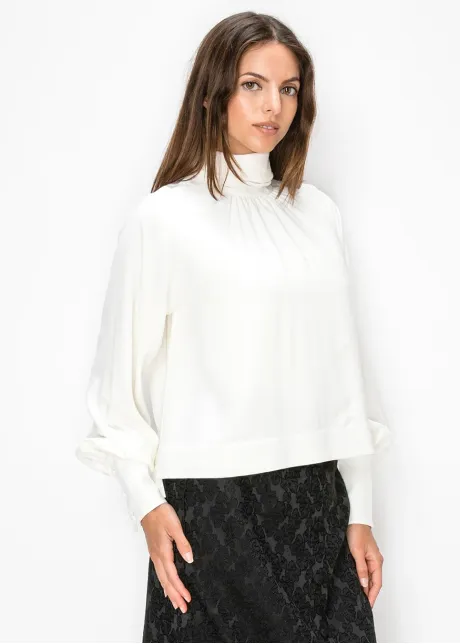 White Mock Neck Blouson Sleeve Top