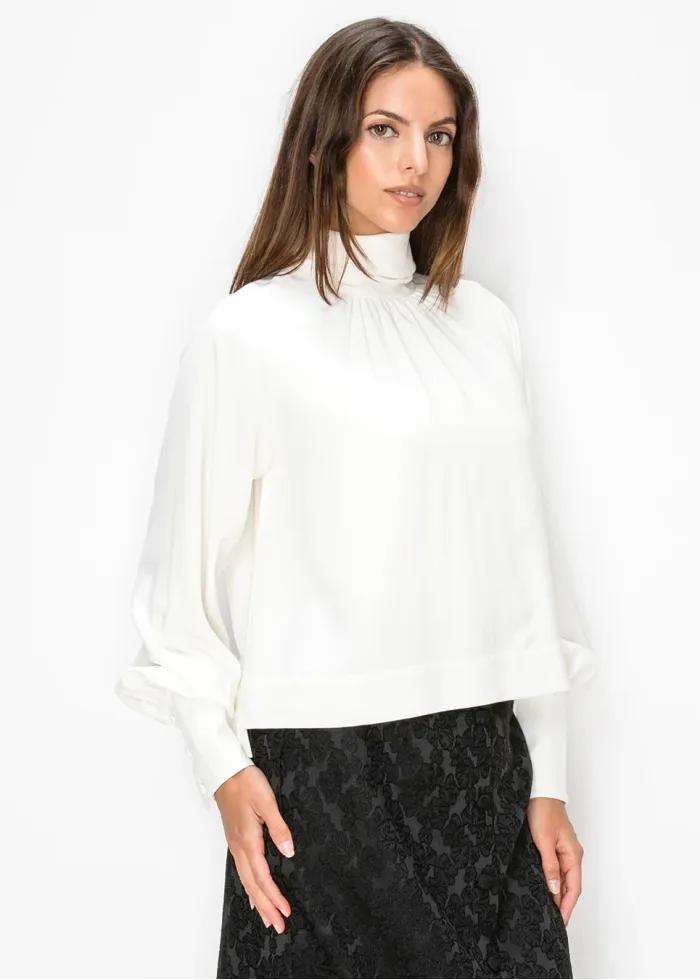 White Mock Neck Blouson Sleeve Top