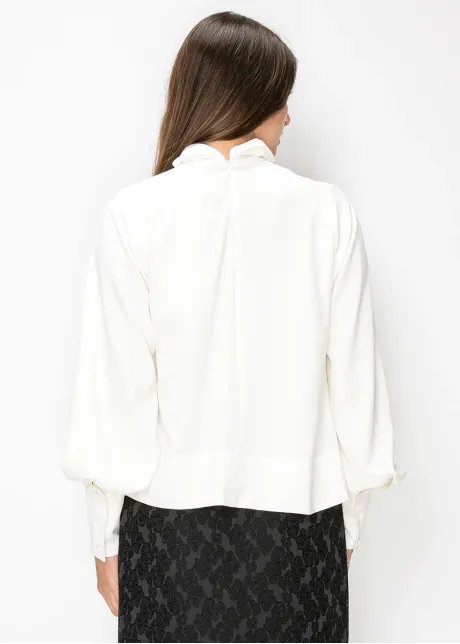 White Mock Neck Blouson Sleeve Top